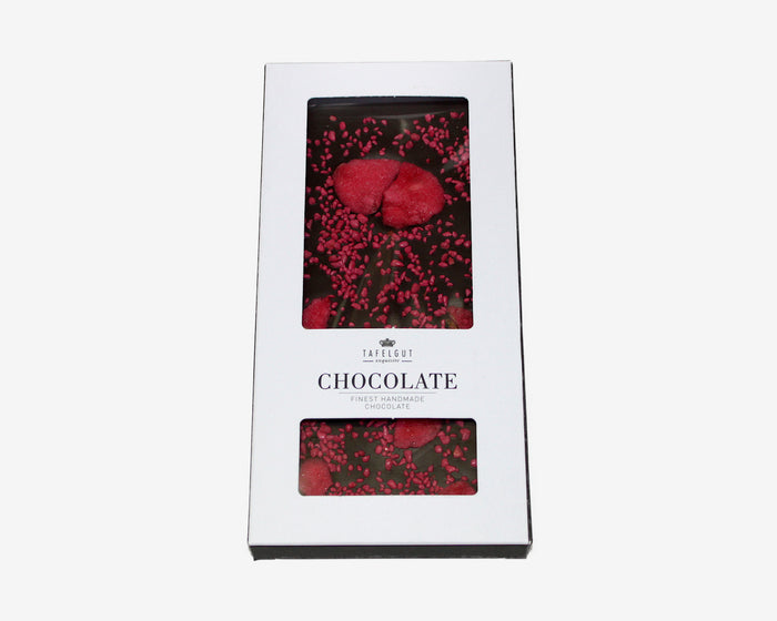 Dunkle Schokolade mit kandierten Rosenblütenblättern von Tafelgut